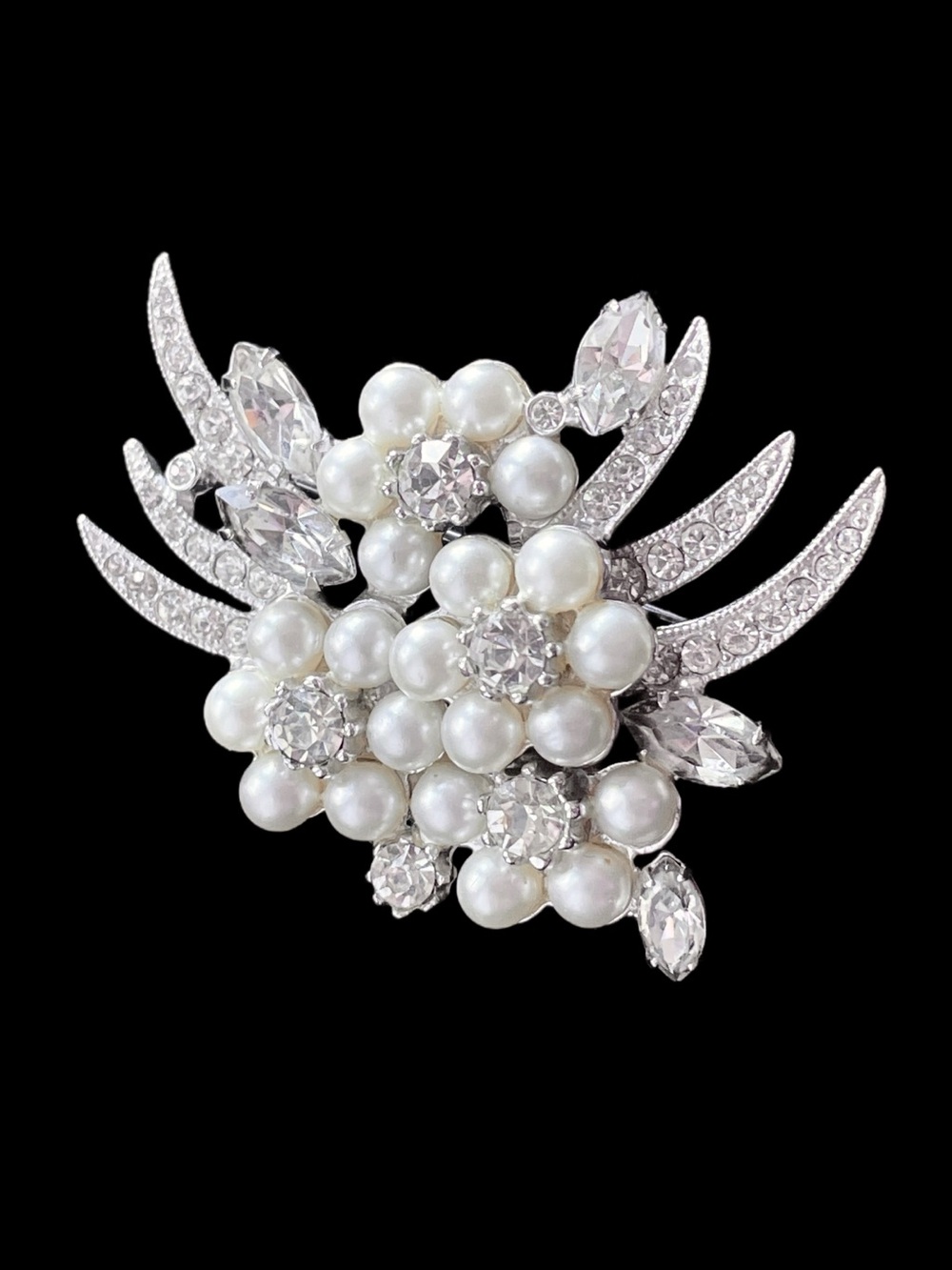 Vintage Signed Eisenberg Ice Faux Pearl and Rhinestone Floral Spray Brooch